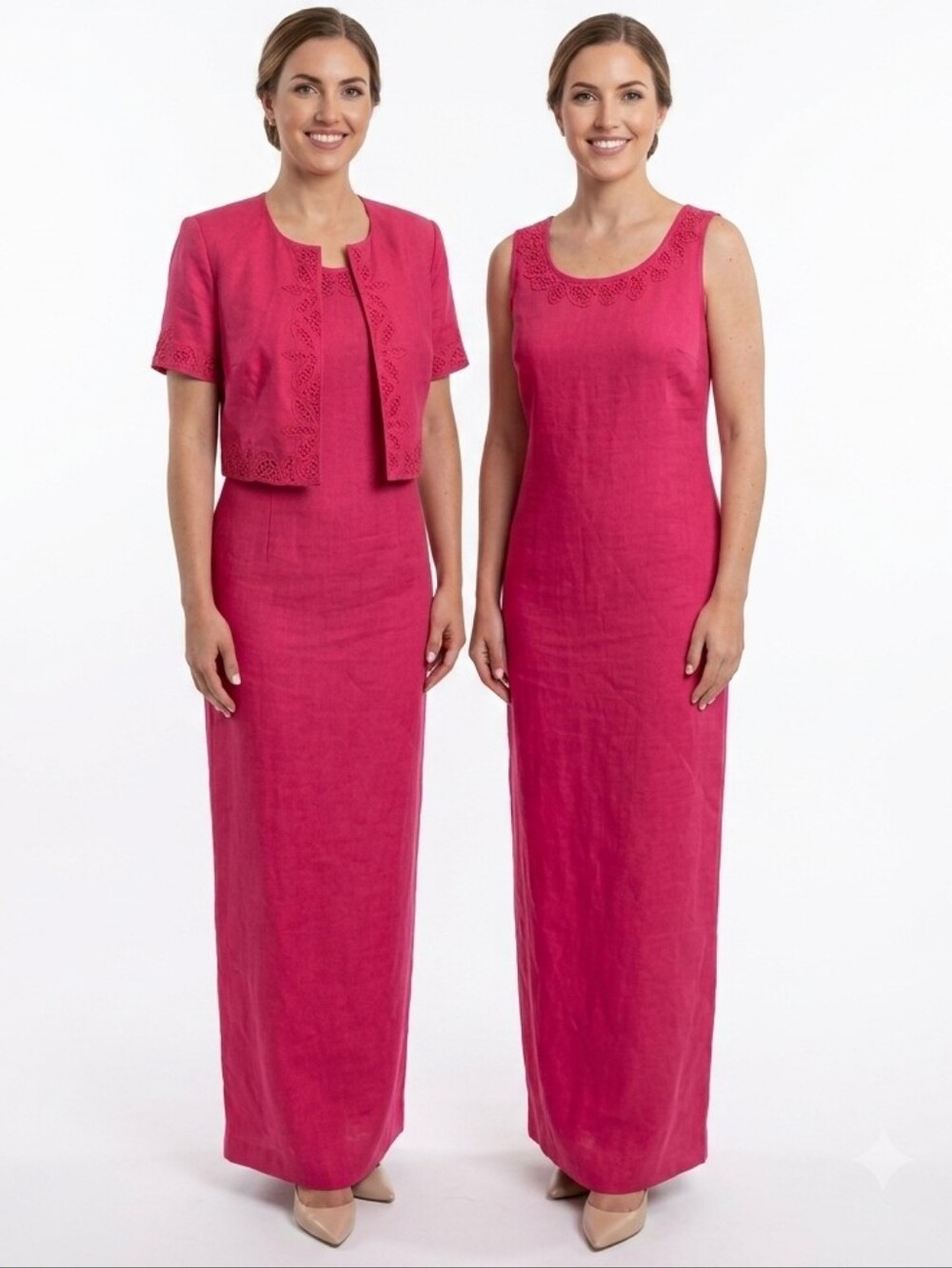 Vintage 2pc Maxi Dress Short Sleeve Jacket Linen Blend Set Lace Detail Pink sz 6